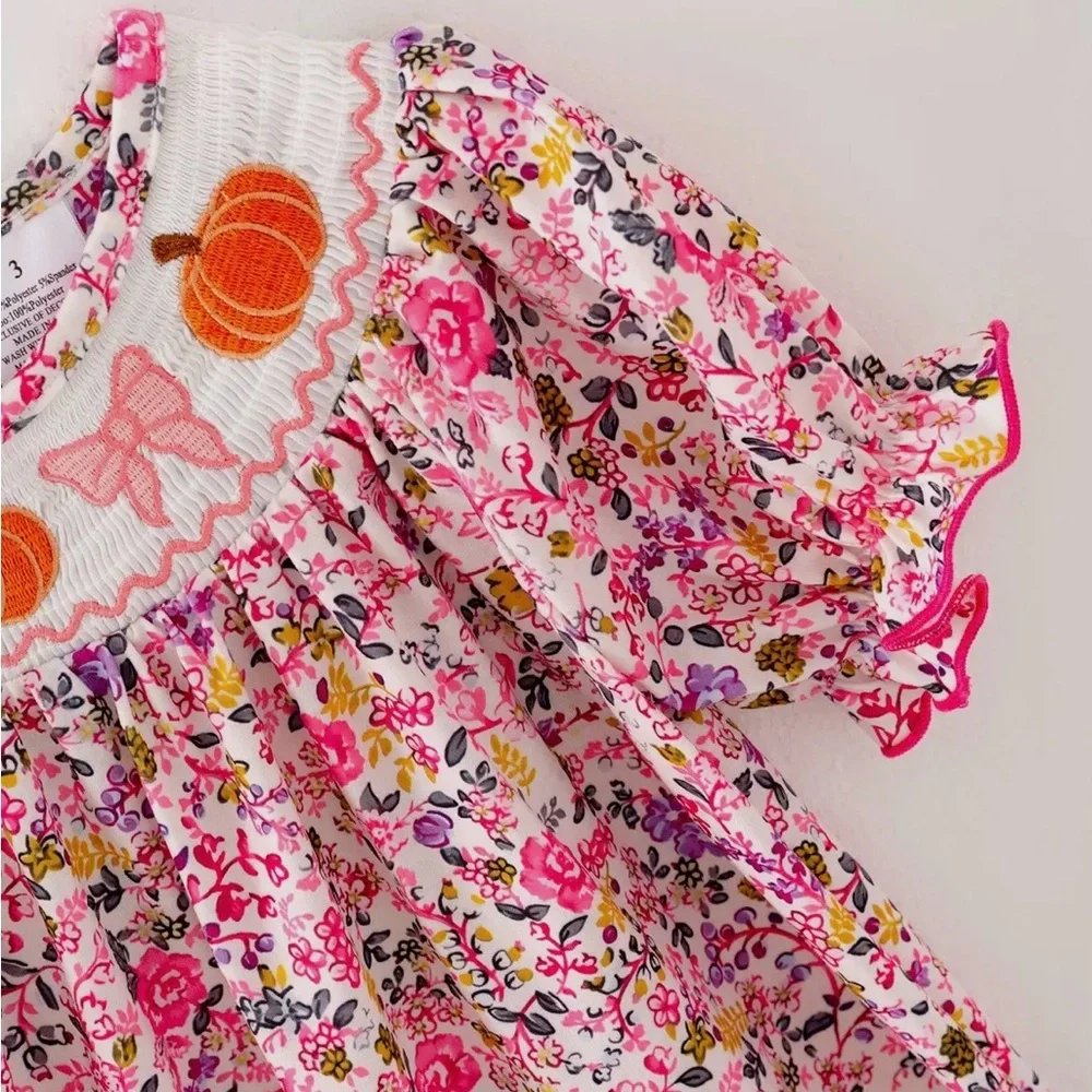 NEW Girls Fall Floral Halloween Smocked Pumpkin Embroidered Short Sleeve Dress